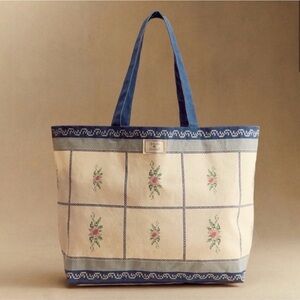 Sezane X Baziszt Flower Print Patterned Tote Bag - Blue and Cream